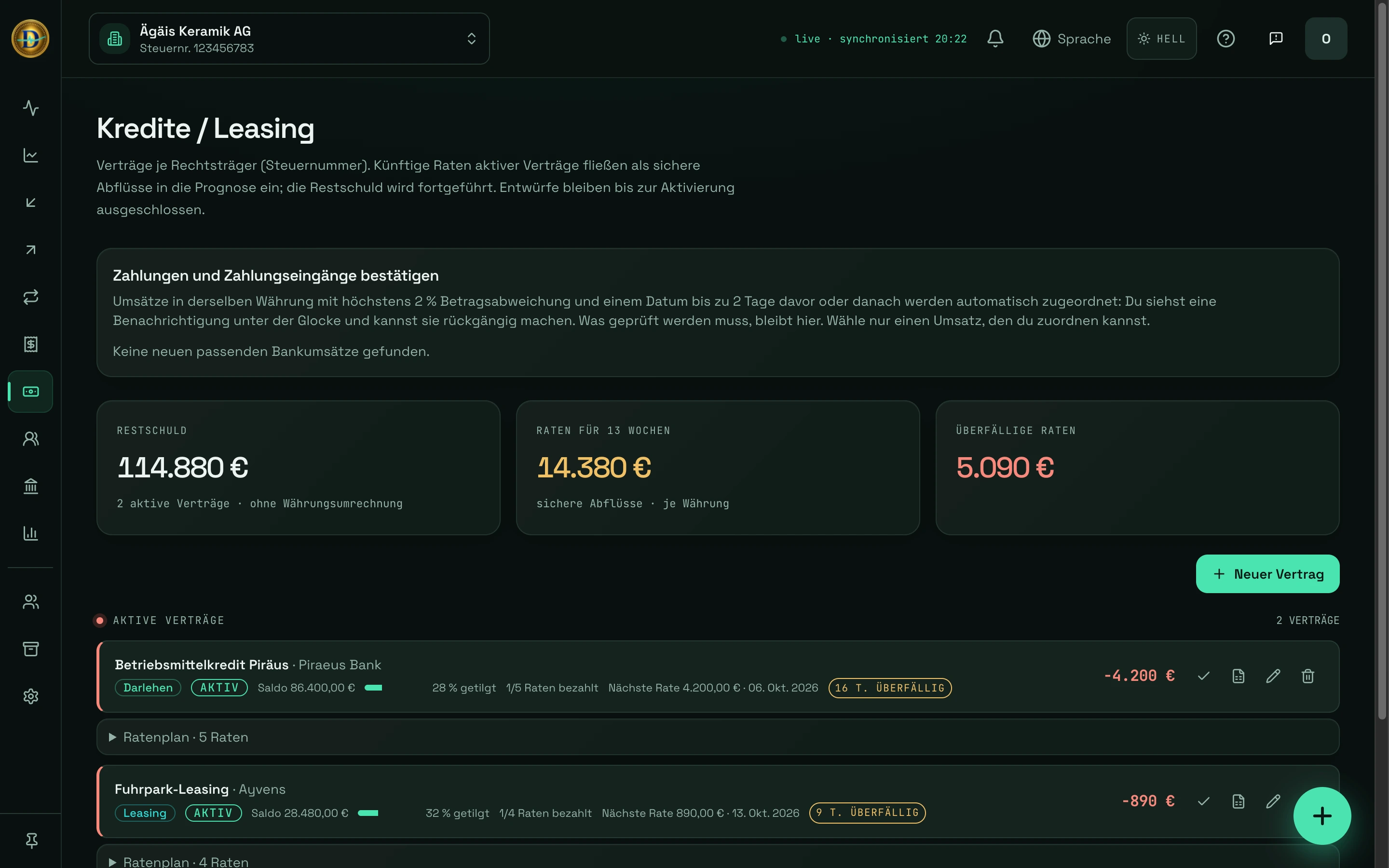 DCashflow-Ansicht Kredite / Leasing: Restschuld, Raten der nächsten 13 Wochen und aktive Verträge mit der nächsten Rate
