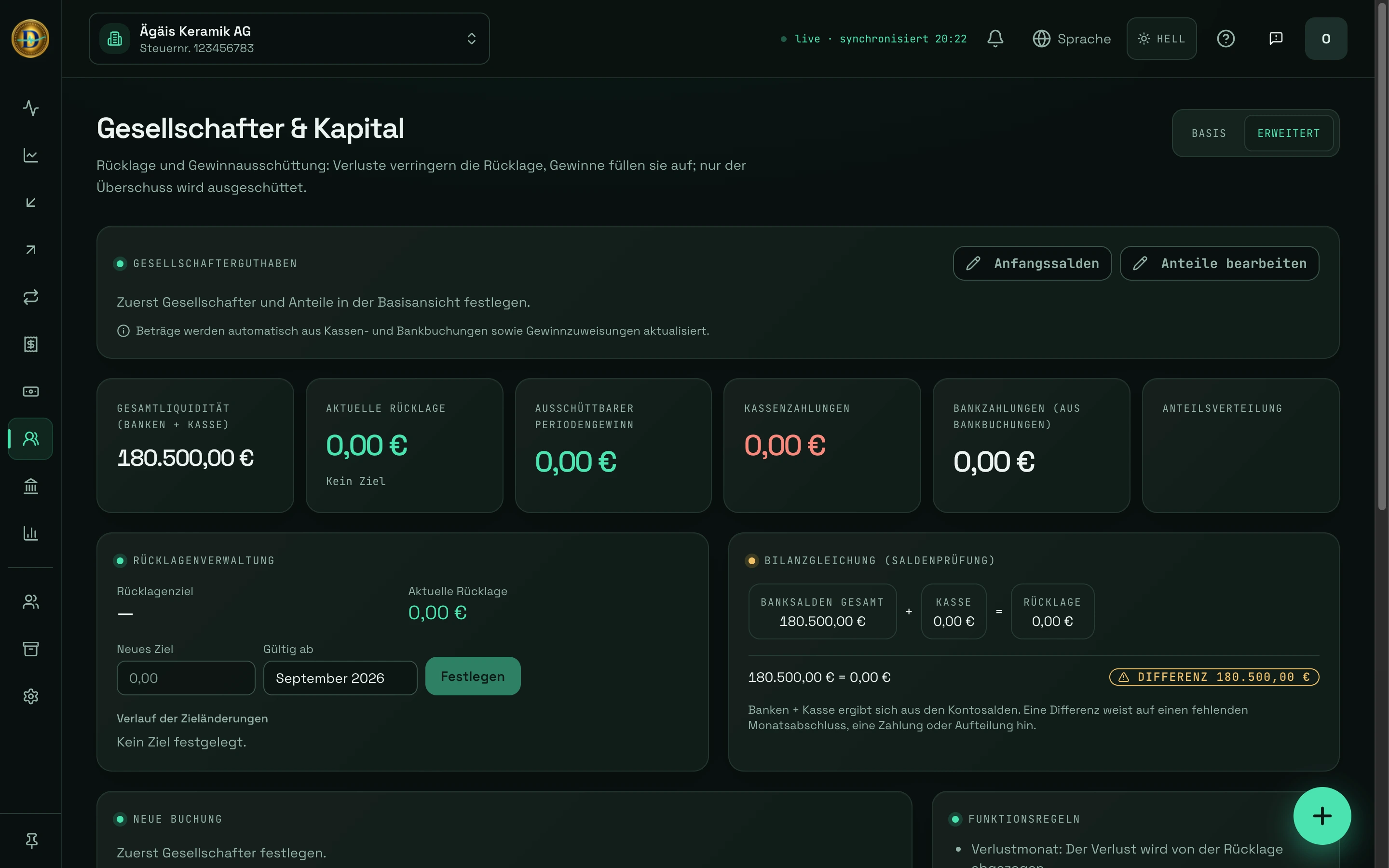 DCashflow-Ansicht Gesellschafter & Kapital: Salden zweier Gesellschafter, eine Rücklage von 110.000 € bei einem Ziel von 120.000 €, Zahlungen an Gesellschafter und ein Saldenabgleich