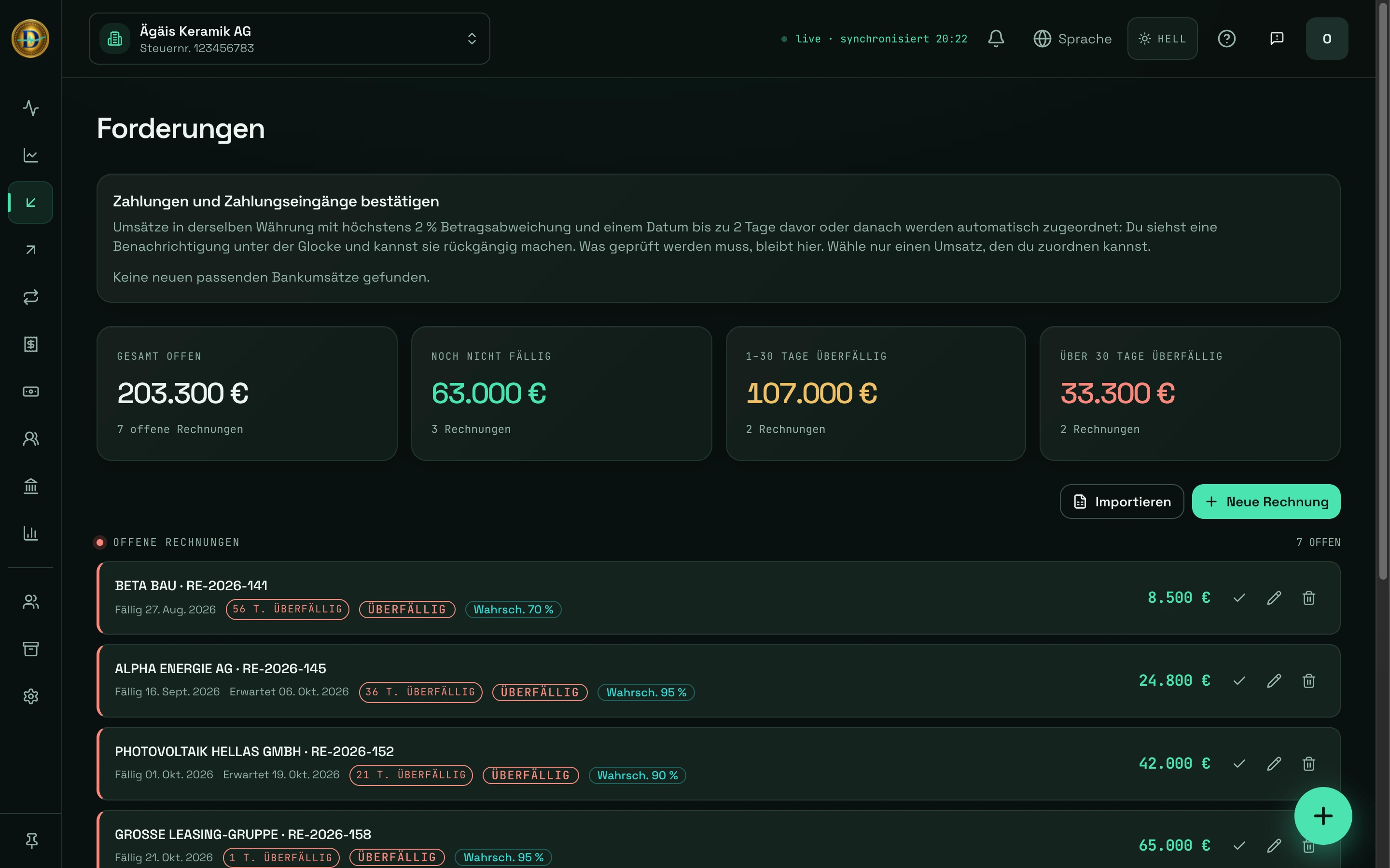 DCashflow-Ansicht Forderungen: offene und überfällige Rechnungen, jeweils mit Fälligkeit und Zahlungswahrscheinlichkeit