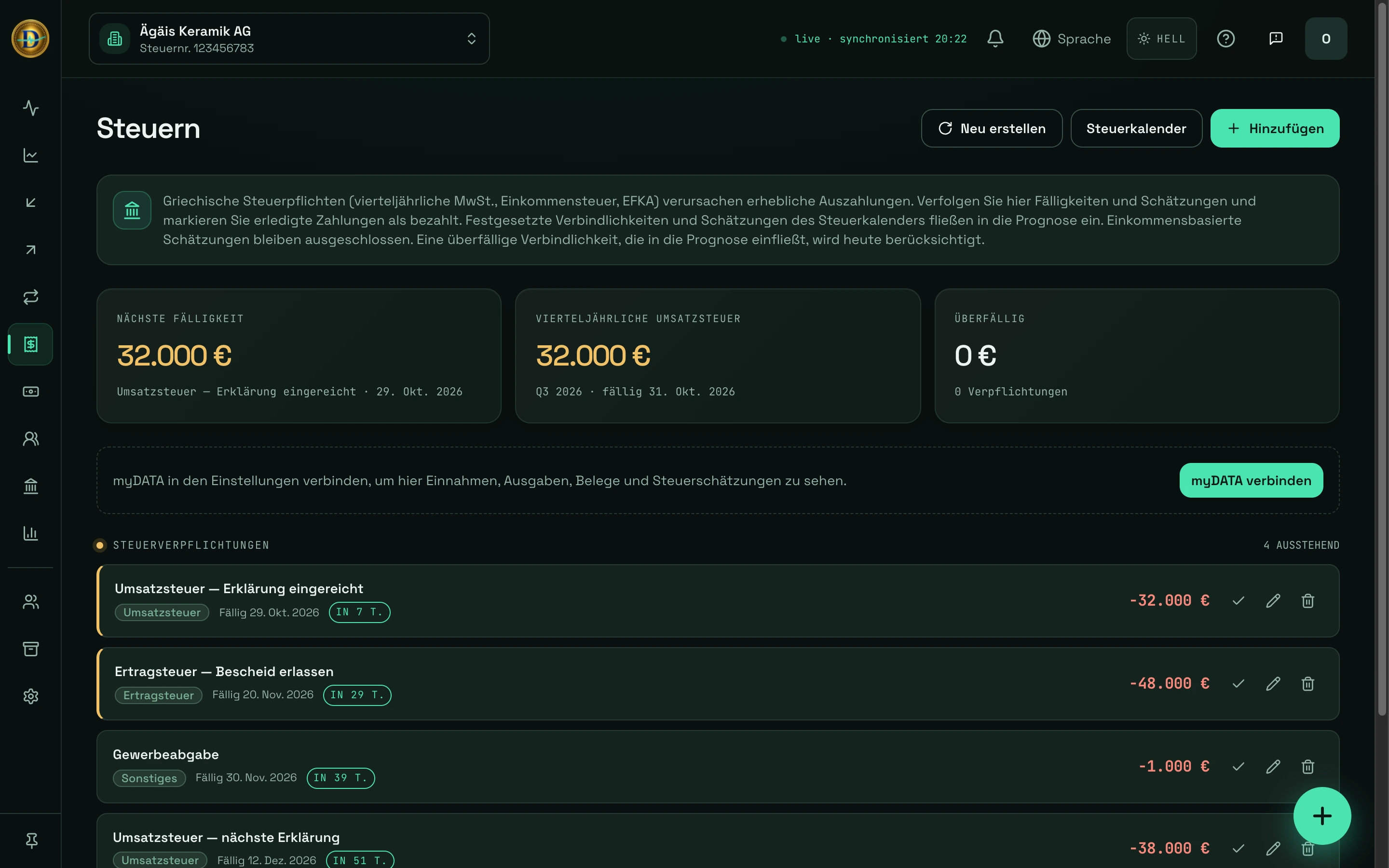 DCashflow-Ansicht Steuern: Umsatzsteuer und Ertragsteuer-Raten mit ihren Fälligkeiten