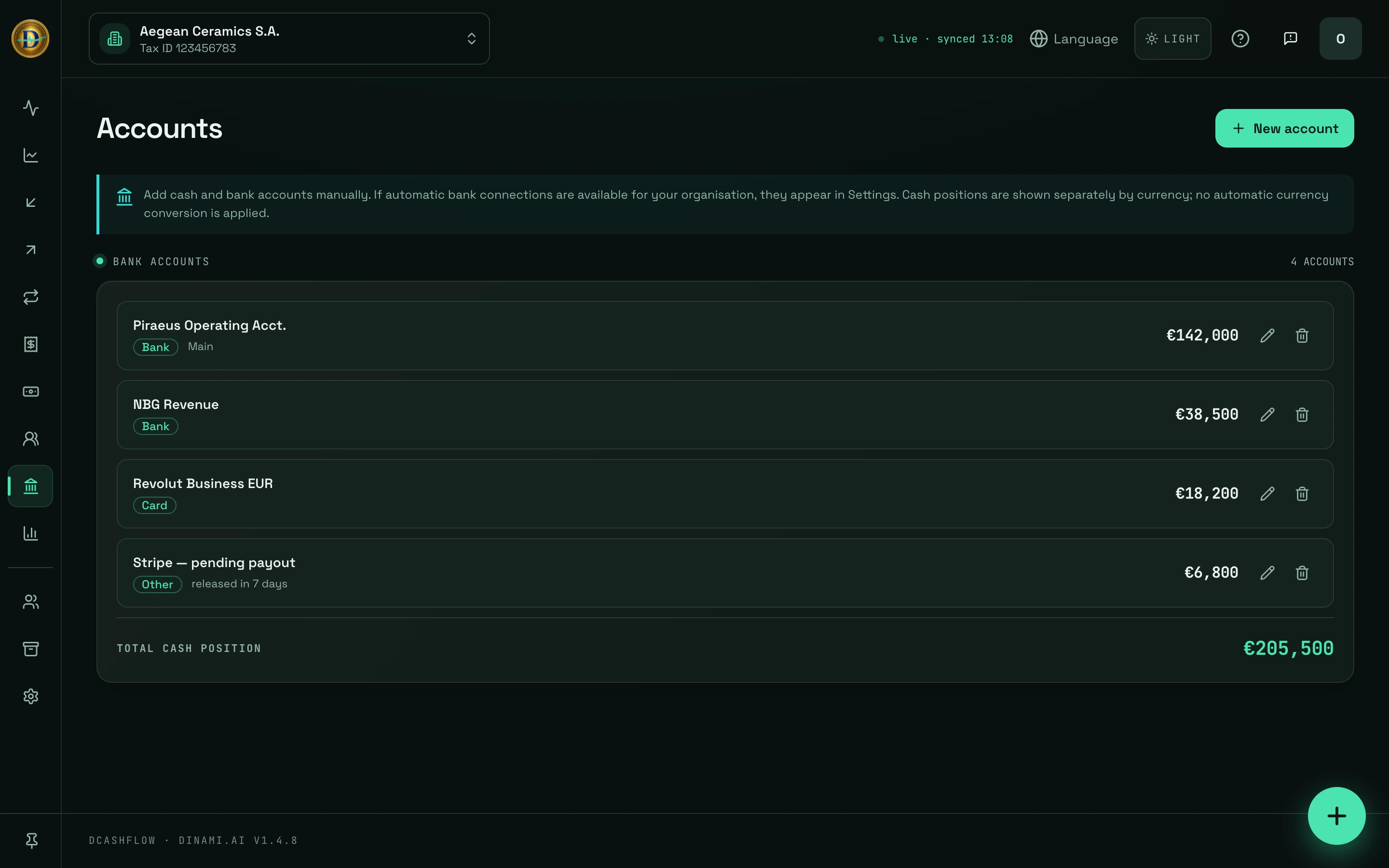 DCashflow Accounts screen: two bank accounts and the cash box, with the total cash position