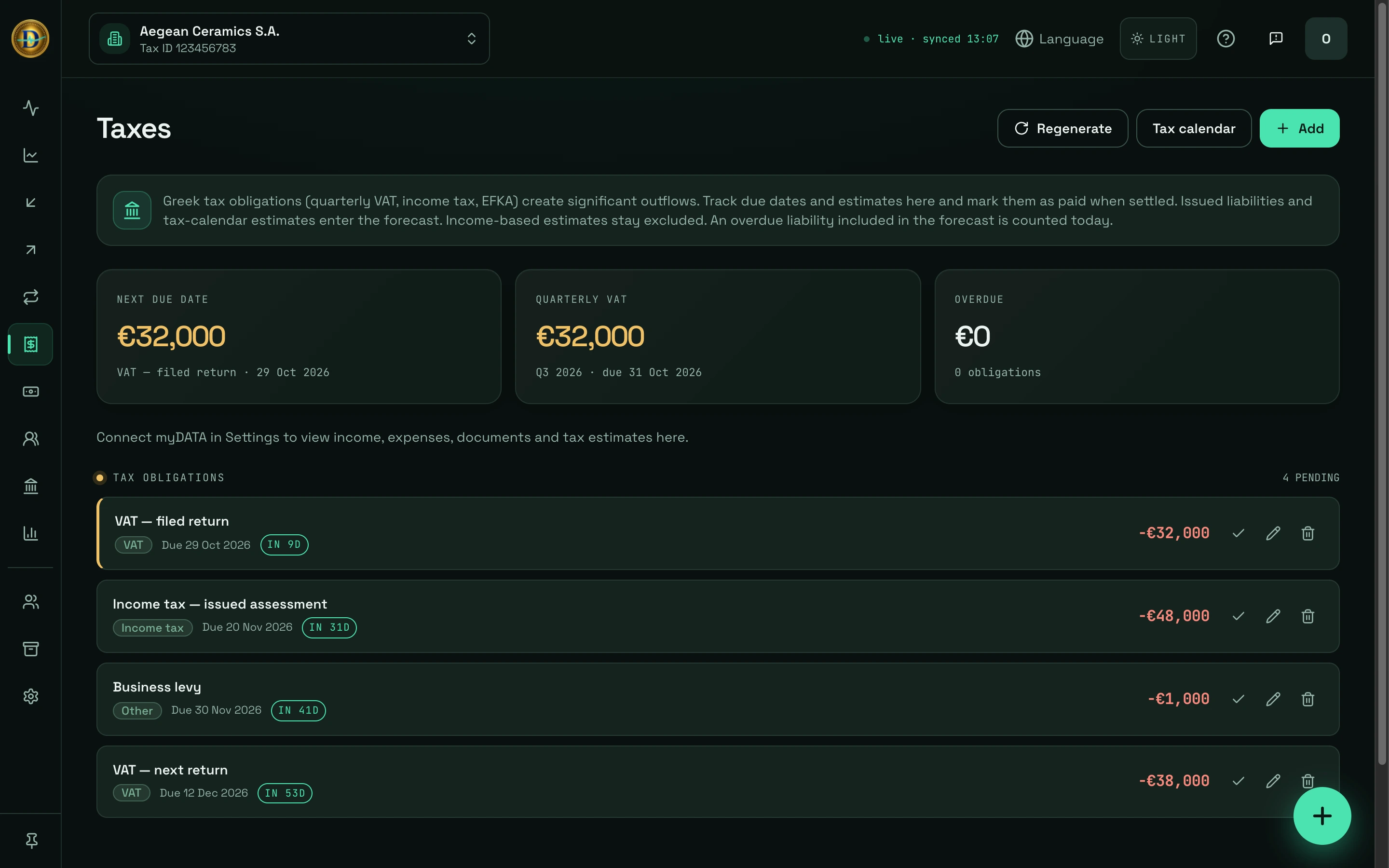 DCashflow Taxes screen: VAT and income tax instalments with their due dates