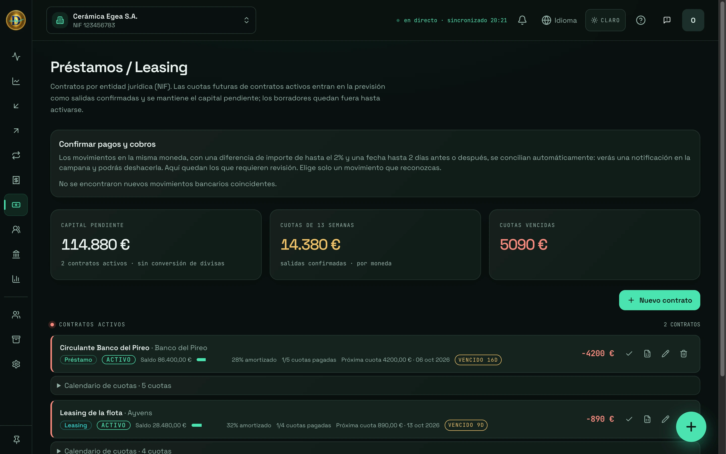 Pantalla Préstamos / Leasing de DCashflow: capital pendiente, cuotas de 13 semanas y los contratos activos con su próxima cuota