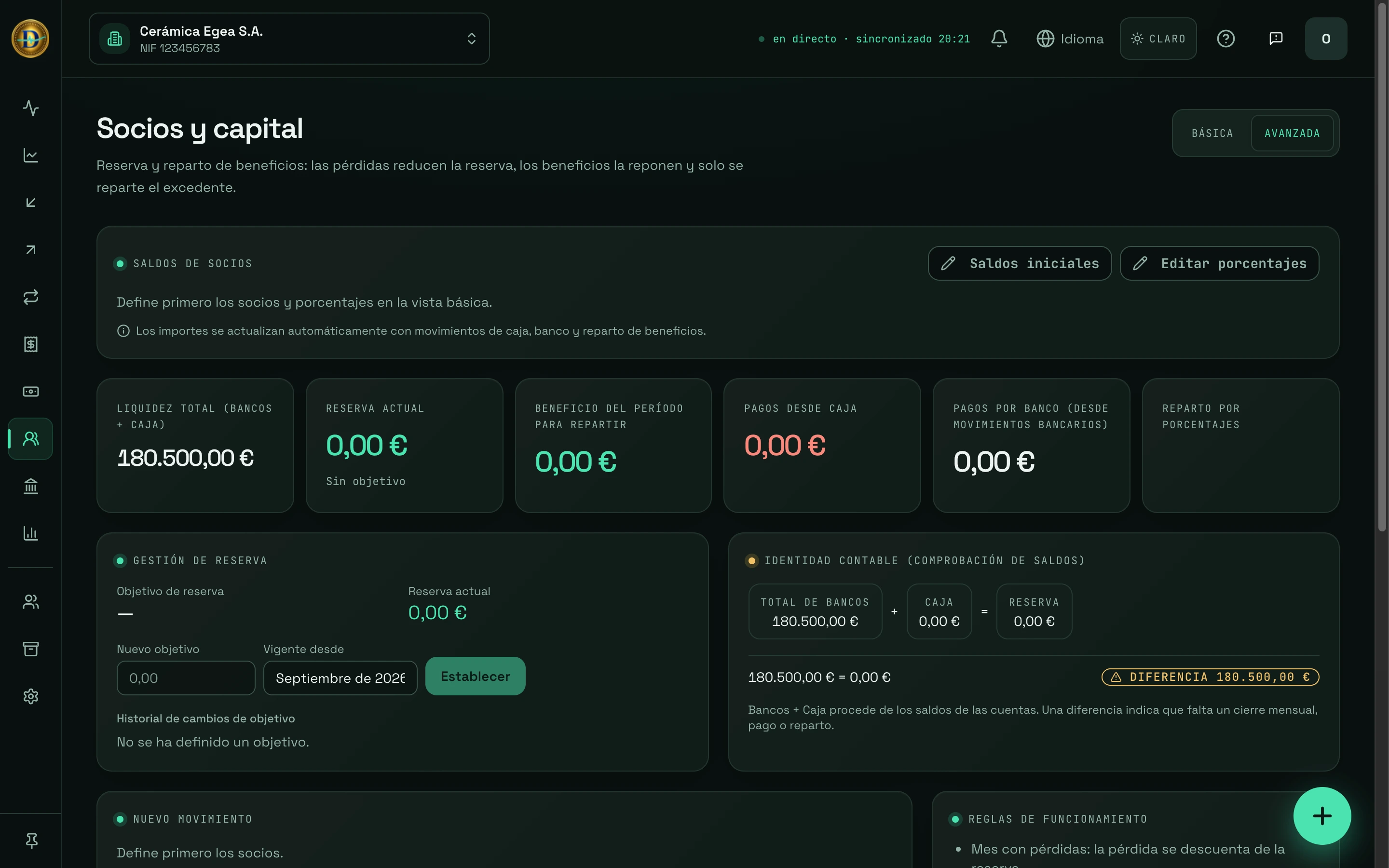 Pantalla Socios y capital de DCashflow: saldos de dos socios, una reserva de 110.000 € con un objetivo de 120.000 €, pagos a socios y control de cuadre