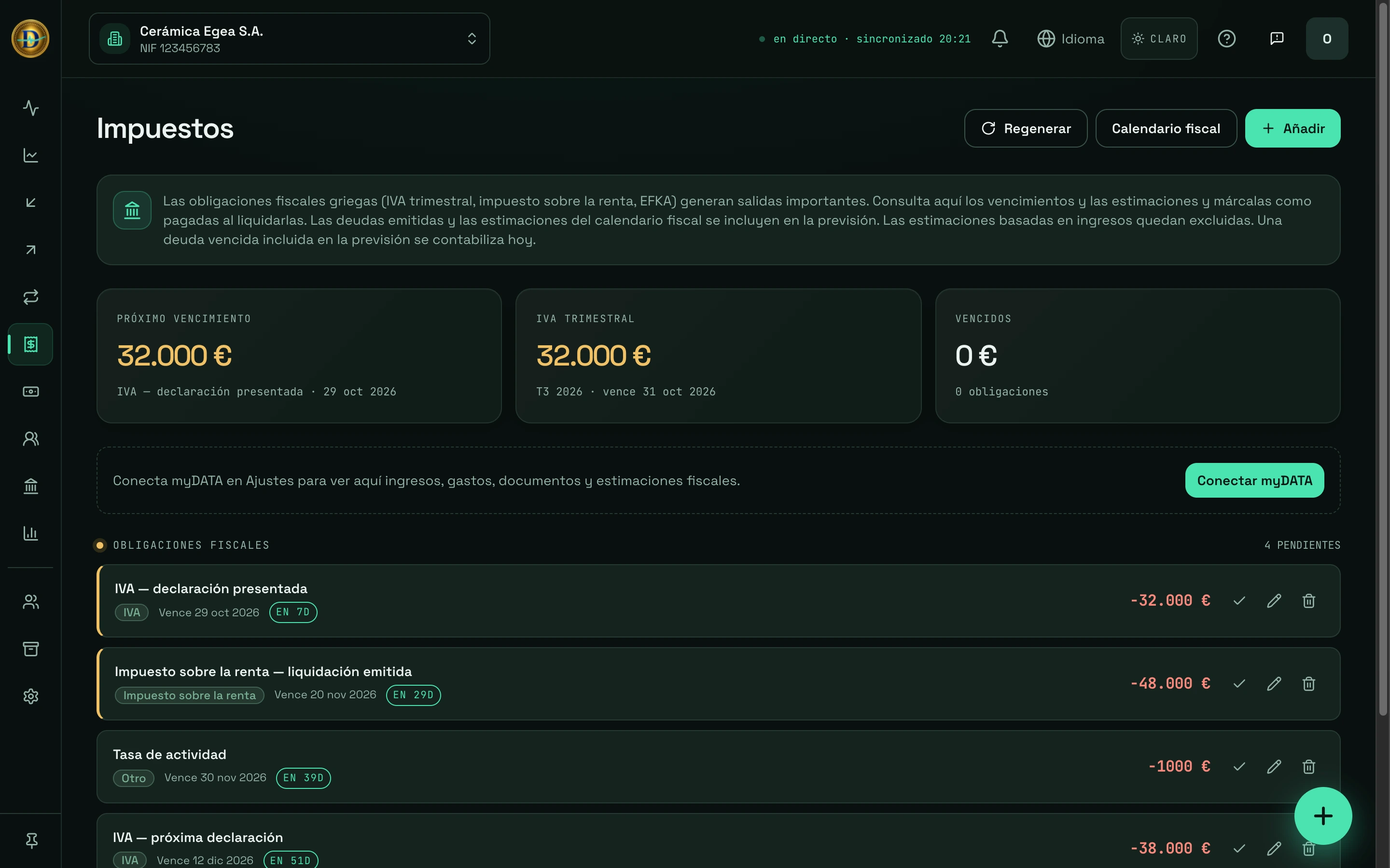 Pantalla Impuestos de DCashflow: IVA y plazos del impuesto sobre la renta con sus vencimientos